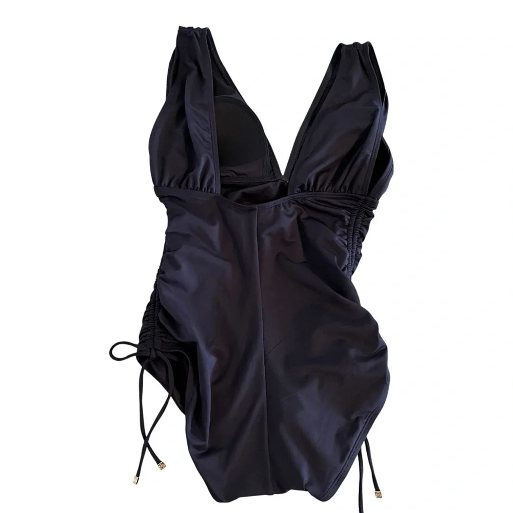 NWT Michael Michael Kors Navy Ruched One-Piece Swimsuit Size 8 Plunge Neckline - Picture 3 of 9